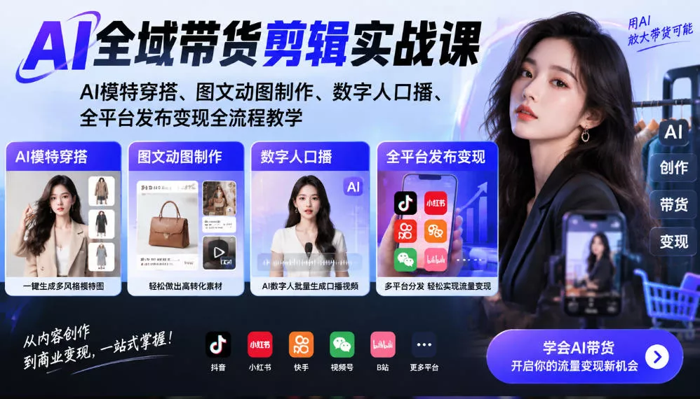 AI全域带货剪辑实战课|AI模特穿搭、图文动图制作、数字人口播、全平台发布变现全流程教学祝你网--专注互联网创业.信息差副业研究拒绝割韭菜祝你网