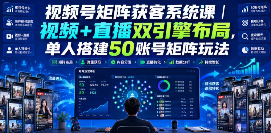 视频号矩阵获客系统课|视频+直播双引擎布局,单人搭建50账号矩阵玩法,流量入池、搜索占位、全域引流沉淀私域全流程教学祝你网--专注互联网创业.信息差副业研究拒绝割韭菜祝你网