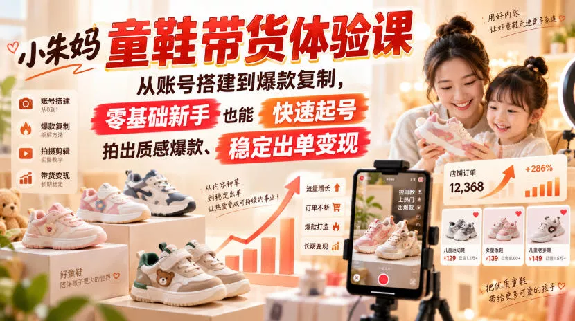 小朱妈童鞋带货体验课,从账号搭建到爆款复制,零基础新手也能快速起号、拍出质感爆款、稳定出单变现祝你网--专注互联网创业.信息差副业研究拒绝割韭菜祝你网