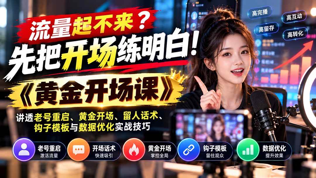 4bf85a50dd01c7c99f614531847e5ae5.jpeg (21140期)流量起不来?先把开场练明白!《黄金开场课》讲透老号重启、黄金开场、留人话术、钩子模板与数据优化实战技巧