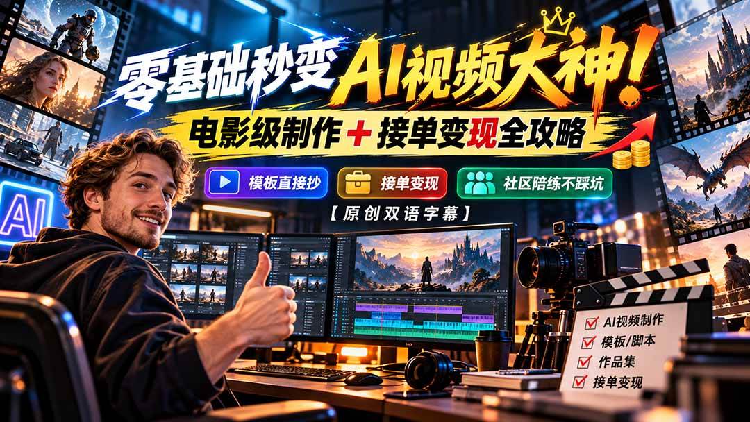 4dc1732e7fe70c129ad22c3c2e81fd13.jpeg (20897期)零基础秒变AI视频大神!电影级制作 + 接单变现全攻略,模板直接抄,社区陪练不踩坑【原创双语字幕】