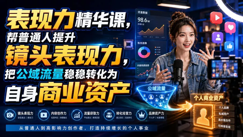 表现力精华课，帮普通人提升镜头表现力，把公域流量稳稳转化为自身商业资产祝你网--专注互联网创业.信息差副业研究拒绝割韭菜祝你网