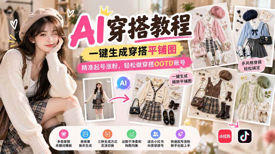 （21134期）【无水印】AI穿搭教程｜一键生成穿搭平铺图，精准起号涨粉，轻松做穿搭OOTD账号祝你网--专注互联网创业.信息差副业研究拒绝割韭菜祝你网