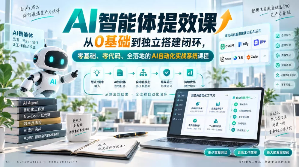 AI智能体提效课,从0基础到独立搭建闭环,零基础、零代码、全落地的AI自动化实战系统课程祝你网--专注互联网创业.信息差副业研究拒绝割韭菜祝你网