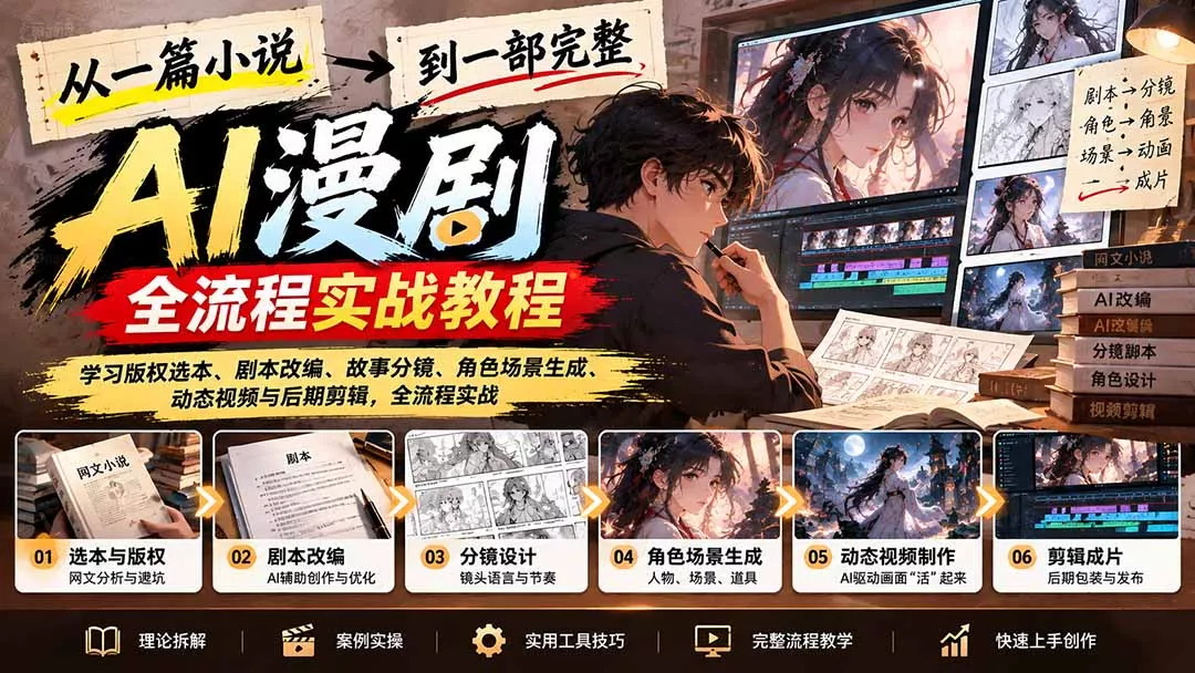 从一篇小说到一部完整AI漫剧:学习版权选本、剧本改编、故事分镜、角色场景生成、动态视频与后期剪辑祝你网--专注互联网创业.信息差副业研究拒绝割韭菜祝你网