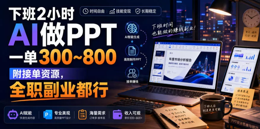 下班2小时AI做PPT,一单300~800,附接单资源,全职副业都行【揭秘】祝你网--专注互联网创业.信息差副业研究拒绝割韭菜祝你网
