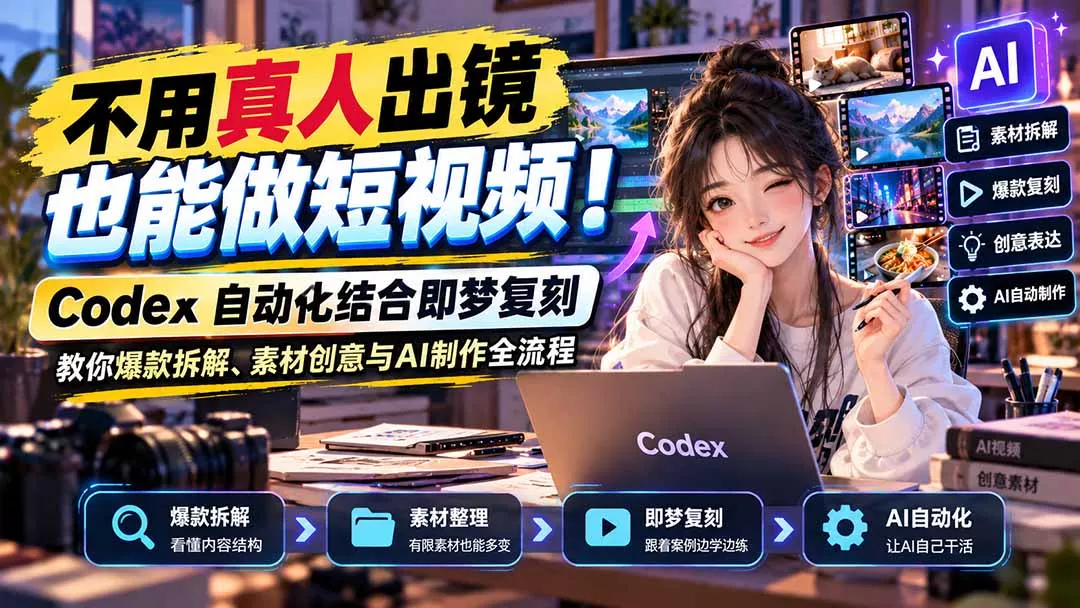 不用真人出镜也能做短视频！Codex自动化结合即梦复刻，教你爆款拆解、素材创意与AI制作全流程祝你网--专注互联网创业.信息差副业研究拒绝割韭菜祝你网