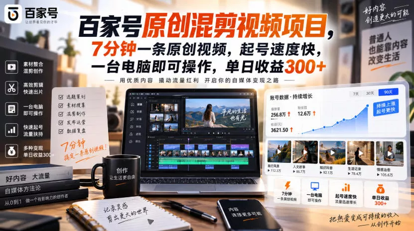百家号原创混剪视频项目，7分钟一条原创视频，起号速度快，一台电脑即可操作，单日收益300+祝你网--专注互联网创业.信息差副业研究拒绝割韭菜祝你网