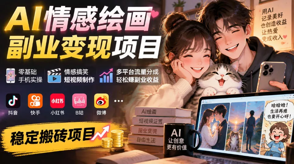 4f5abf0d511fe89266d3de9ec7e33333.webp AI情感绘画副业变现项目|零基础手机实操,情感搞笑短视频制作,多平台流量分成轻松賺副业收益