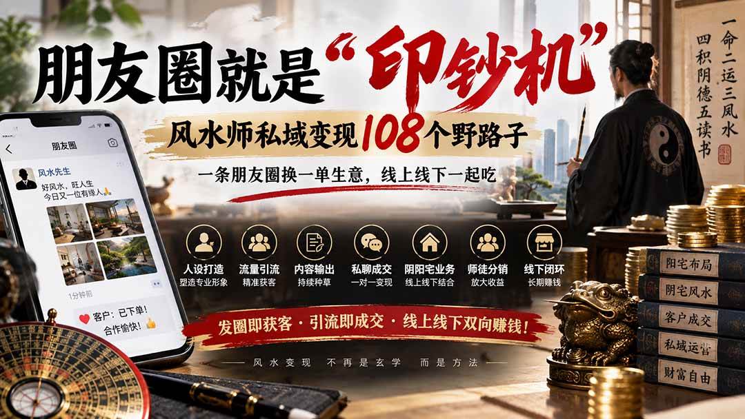 （20464期）朋友圈就是“印钞机”，风水师私域变现108个野路子，一条朋友圈换一单生意，线上线下一起吃【文档】祝你网--专注互联网创业.信息差副业研究拒绝割韭菜祝你网