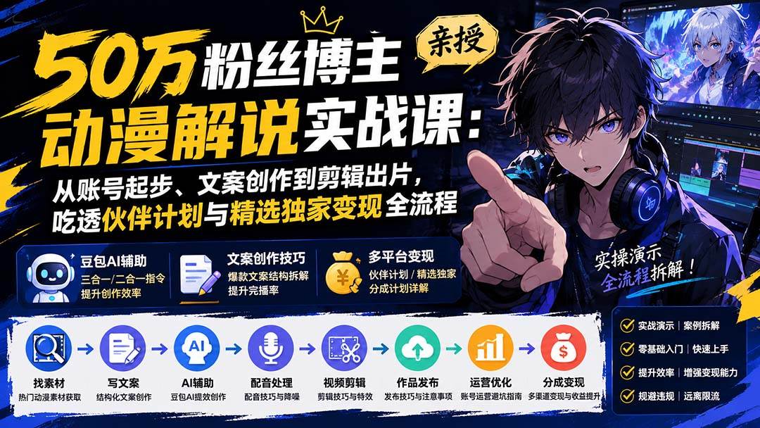（20144期）50万粉丝博主亲授动漫解说实战课：从账号起步、文案创作到剪辑出片，吃透伙伴计划与精选独家变现全流程祝你网--专注互联网创业.信息差副业研究拒绝割韭菜祝你网