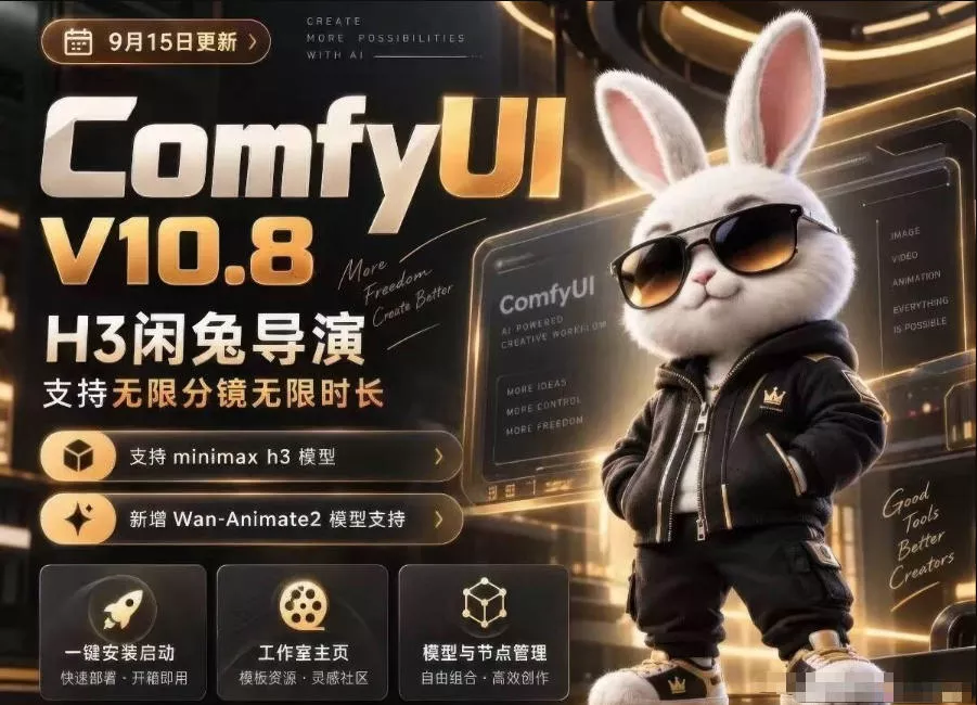 5097f33e0e3af52615de0f472a57850e.webp ComfyUI V10.8中文整合包,H3闲兔导演,支持无限分镜无限时长,1000+工作流,动作迁移,角色替换,视频一致性,口型同步,低显存可用