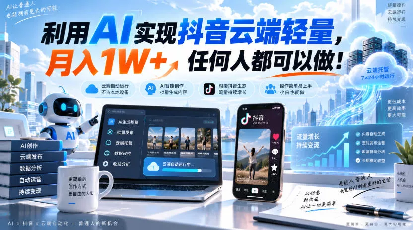50e746a96b710fdb38111d57ee1e0bc0.webp 利用AI实现抖音云端轻量,月入1W+,任何人都可以做!【揭秘】