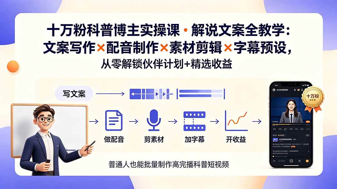 (19275期)10万粉科普博主实操课-解说文案全教学:文案写作×配音制作×素材剪辑×字幕预设,从零解锁伙伴计划+精选收益祝你网--专注互联网创业.信息差副业研究拒绝割韭菜祝你网