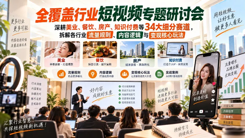 51ea9d77e1f2ceb73e16f50ce7103f3f.webp 短视频专题研讨会,深耕美业、餐饮、房产、知识付费等34大细分赛道,拆解各行业流量规则、内容逻辑与变现核心玩法