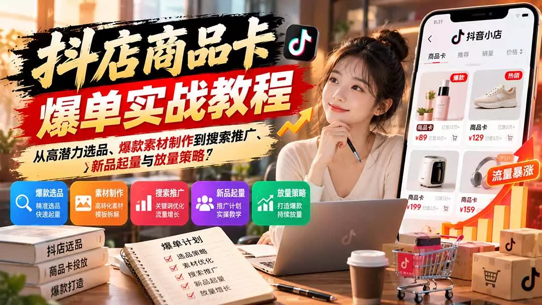 抖店商品卡爆单实战教程：从高潜力选品、爆款素材制作到搜索推广、新品起量与放量策略祝你网--专注互联网创业.信息差副业研究拒绝割韭菜祝你网