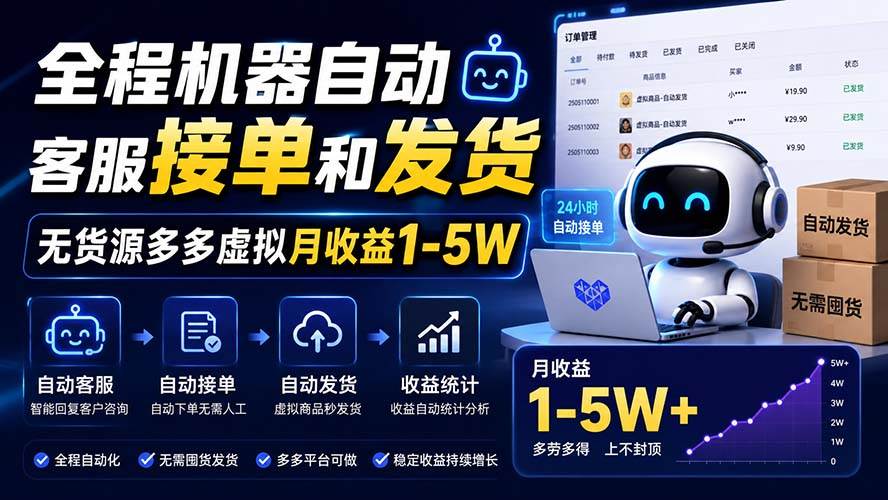 （20119期）全程机器自动客服接单和发货，无货源多多虚拟月收益1-5W祝你网--专注互联网创业.信息差副业研究拒绝割韭菜祝你网