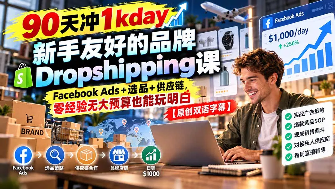 90天冲1kday 新手友好的品牌Dropshipping课:Facebook Ads+选品+供应链,零经验无大预算也能玩明白【原创双语字幕】祝你网--专注互联网创业.信息差副业研究拒绝割韭菜祝你网