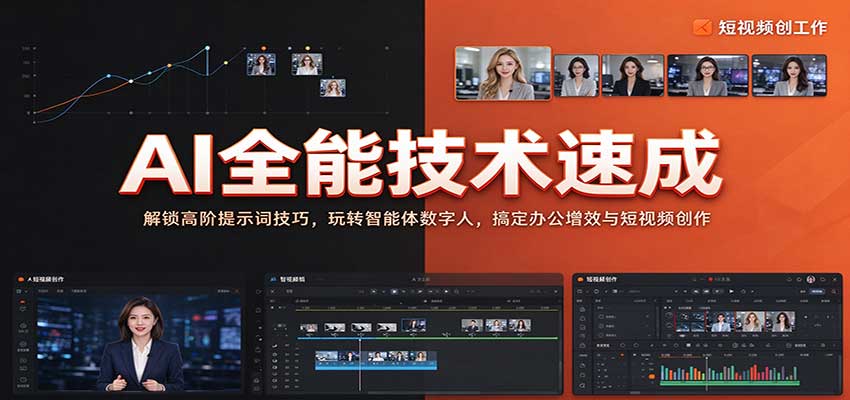 52af2cd5825b1c65f1b76261a37300eb.jpeg AI全能技术速成:解锁高阶提示词技巧,玩转智能体数字人,搞定办公增效与短视频创作