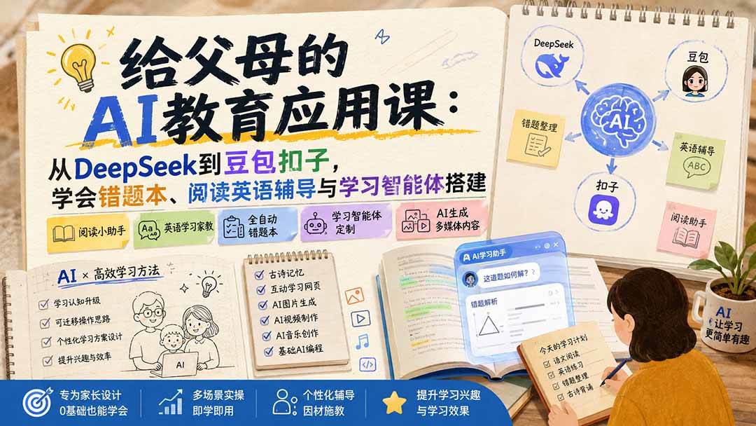(19890期)给父母的AI教育应用课:从DeepSeek到豆包扣子,学会错题本、阅读英语辅导与学习智能体搭建祝你网--专注互联网创业.信息差副业研究拒绝割韭菜祝你网