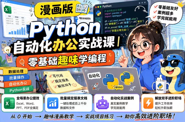 5328ea95c95e140304a370ea69452850.webp 漫画版Python自动化办公实战课|零基础趣味学编程,全场景办公提效、批量搞定报表文档、解放双手进阶职场