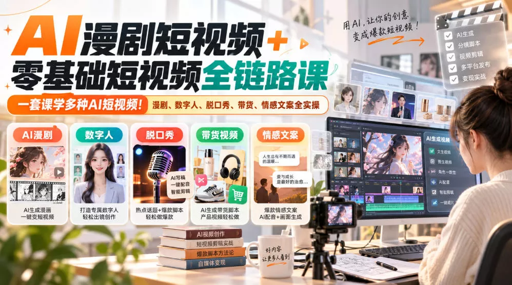 AI漫剧短视频+零基础短视频全链路课,一套课学多种AI短视频!漫剧、数字人、脱口秀、带货、情感文案全实操祝你网--专注互联网创业.信息差副业研究拒绝割韭菜祝你网