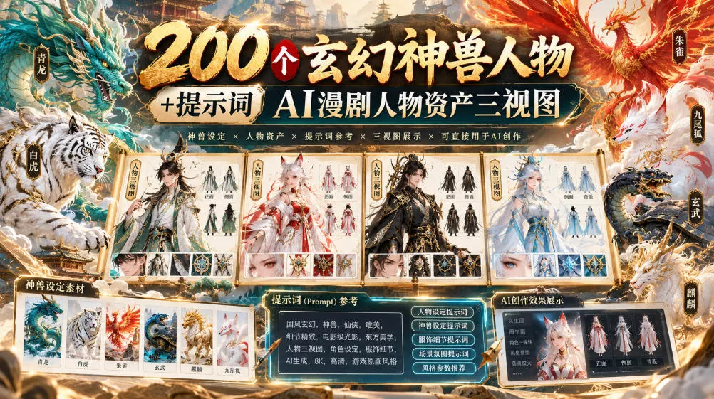538cfb3fa820ad3a1c7ebc72c662571e.webp 200个玄幻神兽人物+提示词ai漫剧人物资产三视图