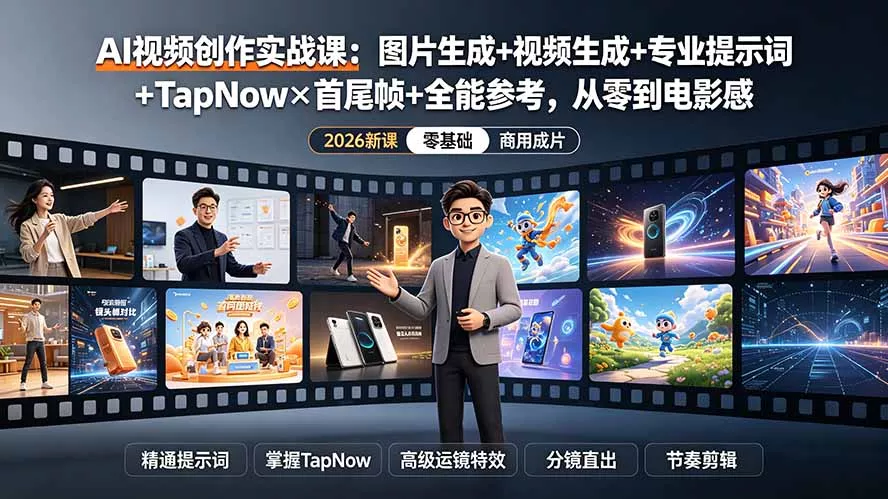 54525697b0e03cc6d4bab911837dc29e.webp AI视频创作实战课:图片生成+视频生成+专业提示词+TapNow×首尾帧+全能参考,从零到电影感成片