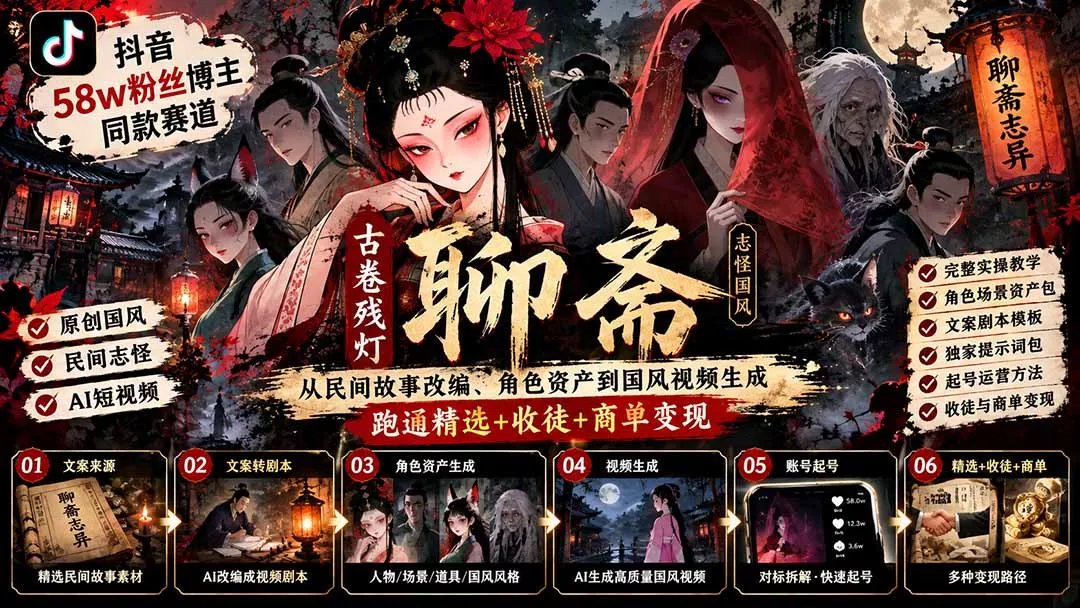 54a43e5531e4605a32c200db4748a83d.webp 抖音58w粉丝博主同款赛道古卷残灯聊斋:从民间故事改编、角色资产到国风视频生成,跑通精选+收徒+商单变现