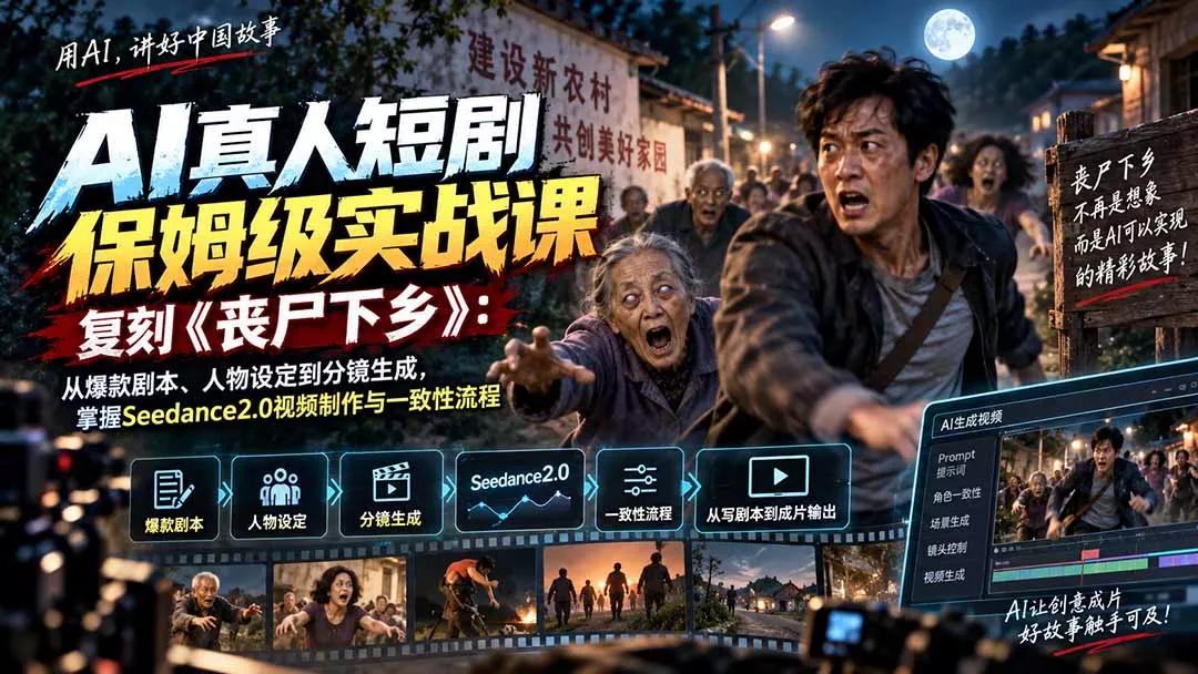 54e0993a41d3b9b10b791ceceec52ea1.webp AI真人短剧保姆级实战课,复刻《丧尸下乡》:从爆款剧本、人物设定到分镜生成,掌握Seedance2.0视频制作与一致性流程