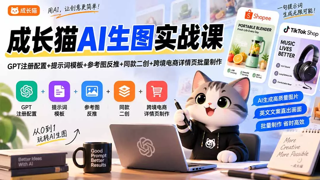 55c00027df10c34217a596b71a1be647.webp 成长猫AI生图实战课|GPT注册配置+提示词模板+参考图反推+同款二创+跨境电商详情页批量制作