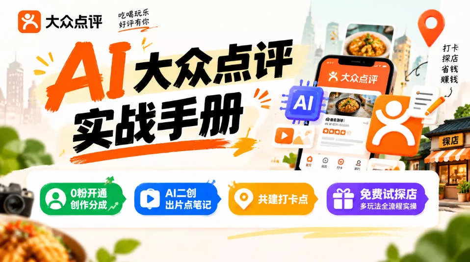 某局的AI大众点评实战手册,0粉开通创作分成、AI二创出片点笔记、共建打卡点、免费试探店多玩法全流程实操祝你网--专注互联网创业.信息差副业研究拒绝割韭菜祝你网