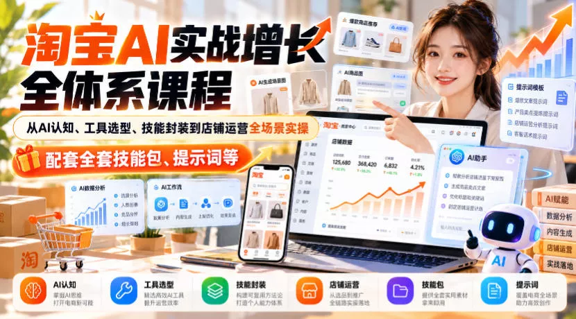 568287ccf74360dfef6b4069a5854bbc.webp 淘宝AI实战增长全体系课程,从AI认知、工具选型、技能封装到店铺运营全场景实操,配套全套技能包、提示词等