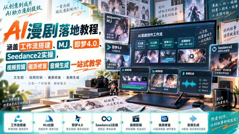 AI漫剧落地教程,涵盖工作流搭建、MJ、即梦4.0、Seedance2实操,视频剪辑画质修复音频生成一站式教学祝你网--专注互联网创业.信息差副业研究拒绝割韭菜祝你网
