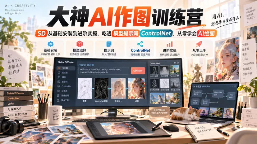 大神AI作图训练营，SD从基础安装到进阶实操，吃透模型提示词ControlNet，从零学会AI绘画祝你网--专注互联网创业.信息差副业研究拒绝割韭菜祝你网