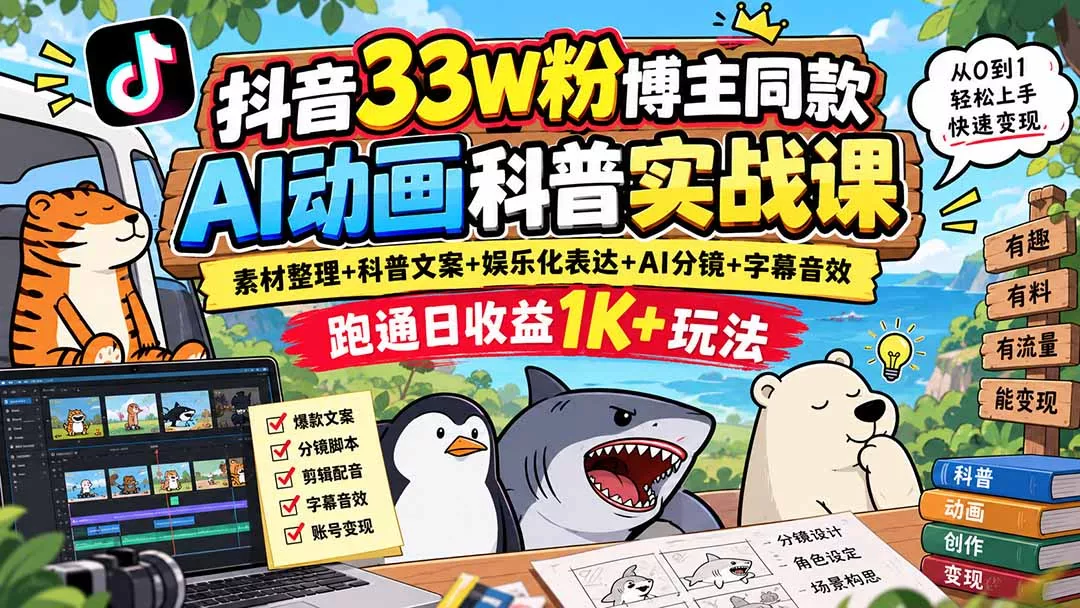 57868e957e0d558700a745ea854ac640.webp 抖音33W粉博主同款AI动画科普实战课|素材整理+科普文案+娱乐化表达+AI分镜+字幕音效,跑通日收益1K+玩法