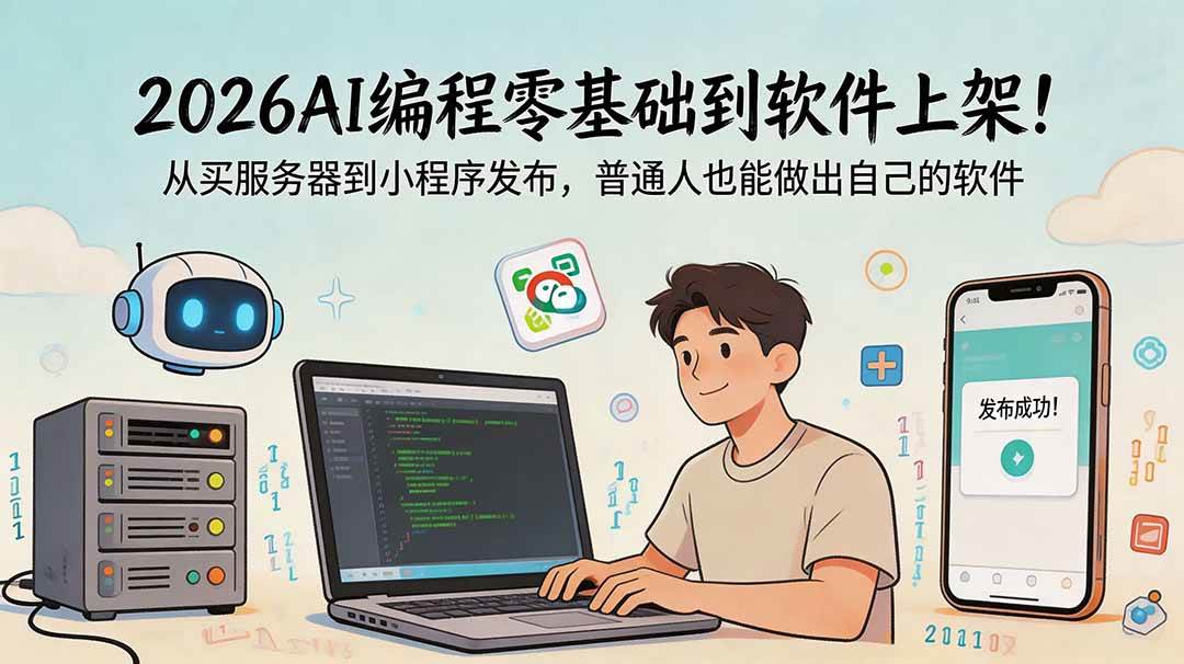 (18905期)2026AI编程零基础到软件上架!从买服务器到小程序发布,普通人也能做出自己的软件祝你网--专注互联网创业.信息差副业研究拒绝割韭菜祝你网