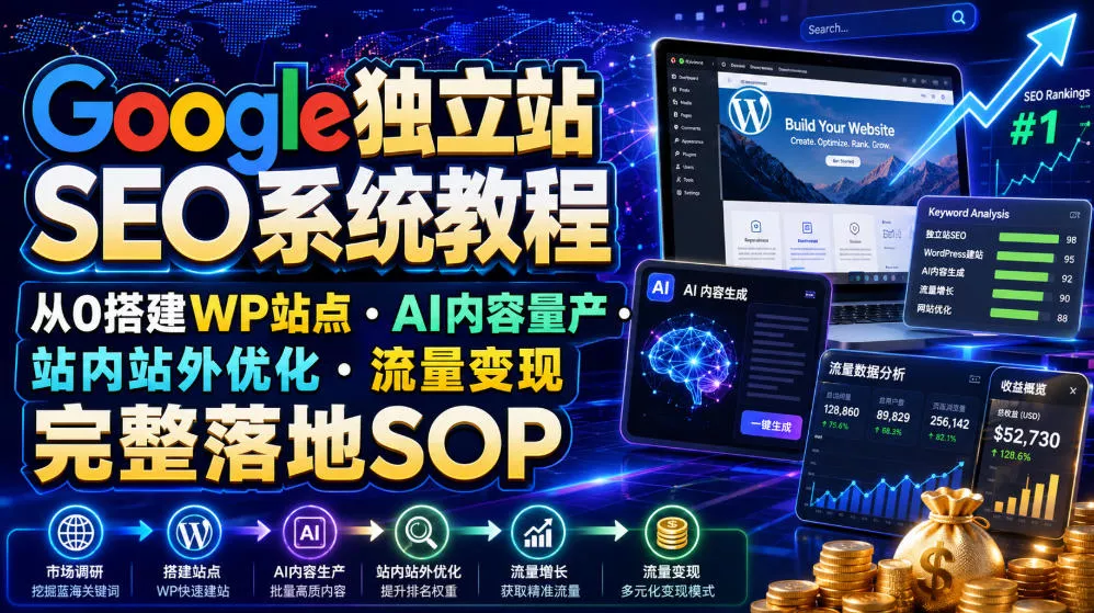 Google独立站SEO系统教程,从0搭建WP站点・AI内容量产・站内站外优化・流量变现完整落地SOP(2026年7月)祝你网--专注互联网创业.信息差副业研究拒绝割韭菜祝你网