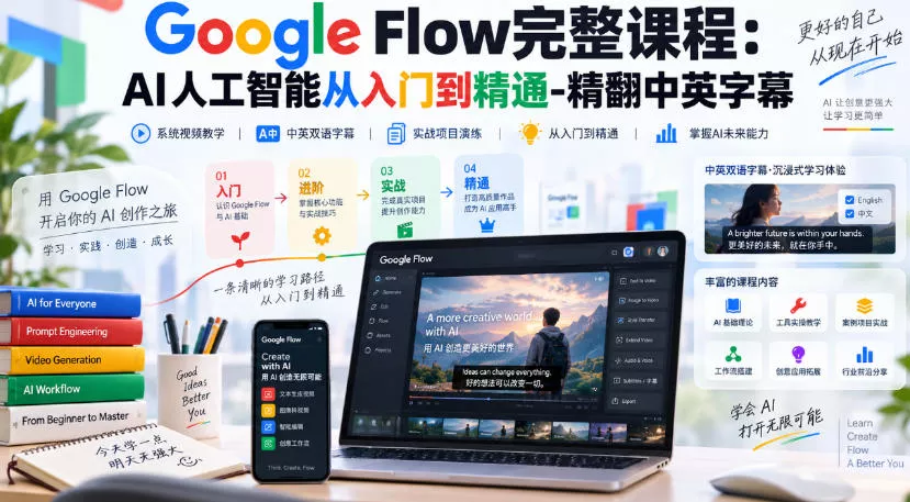 【无水印】Google Flow完整课程：AI人工智能从入门到精通-精翻中英字幕祝你网--专注互联网创业.信息差副业研究拒绝割韭菜祝你网
