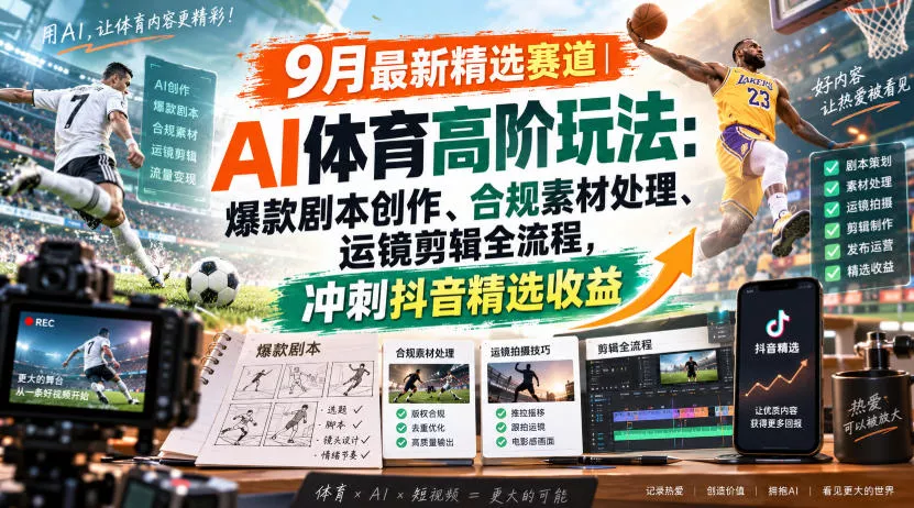 某大佬的9月最新精选赛道之AI体育顶级玩法,爆款剧本创作、版权规避、运镜剪辑全流程,稳拿抖音精选收益祝你网--专注互联网创业.信息差副业研究拒绝割韭菜祝你网