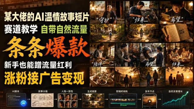 58f3b382df9aa65d42e6f37b345de104.webp 某大佬的AI温情故事短片赛道教学,自带自然流量,条条爆款,新手也能蹭流量红利,涨粉接广告变现(更新)