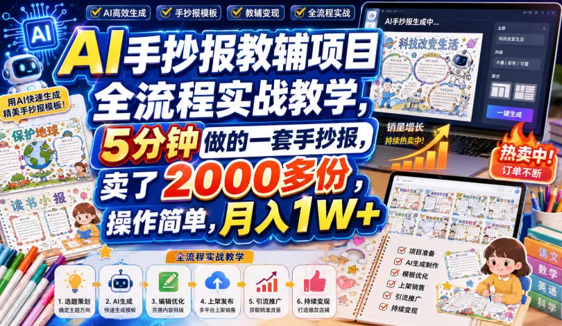 58fe5593955c189ab9fab1d5501d0ee4.webp AI手抄报教辅项目全流程实战教学,5分钟做的一套手抄报,卖了2000多份,操作简单,月入1W+