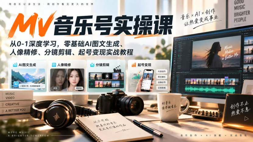 AI MV音乐号实操课,从0-1深度学习,零基础AI图文生成、人像精修、分镜剪辑、起号变现实战教程祝你网--专注互联网创业.信息差副业研究拒绝割韭菜祝你网