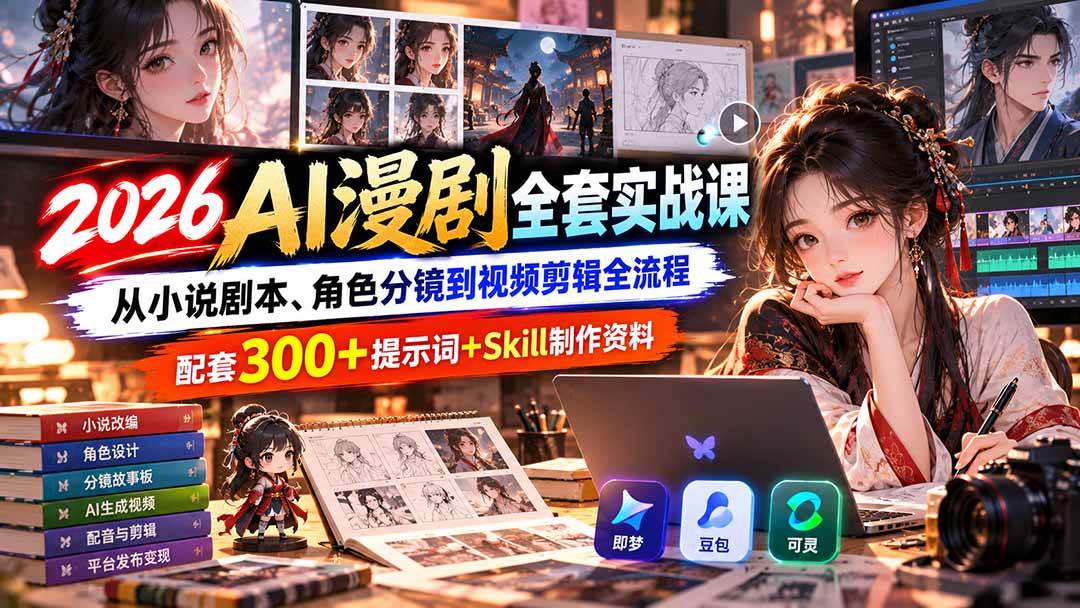 595a3243587402408dfbc6902854e2fd.jpeg (20629期)2026AI漫剧全套实战课:从小说剧本、角色分镜到视频剪辑全流程,配套300+提示词+Skill制作资料