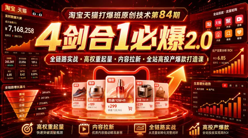5979fa8cd46e3088aa4048ad1e1b53ec.webp 淘宝天猫打爆班原创技术第84期|4剑合1必爆2.0全链路实战・高权重起量・内容拉新・全站高投产爆款打造课