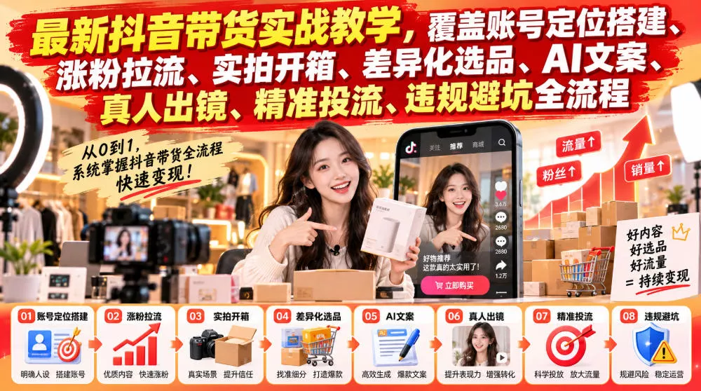 59b12eebc14e1477cc91a462ec6ef5fe.webp 最新抖音带货实战教学,覆盖账号定位搭建、涨粉拉流、实拍开箱、差异化选品、AI文案、真人出镜、精准投流、违规避坑全流程
