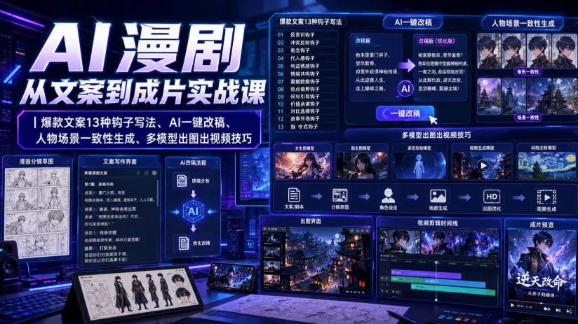 5a2217a73ecf2c75ddf81e045074191c.webp AI漫剧从文案到成片实战课|爆款文案13种钩子写法、AI一键改稿、人物场景一致性生成、多模型出图出视频技巧