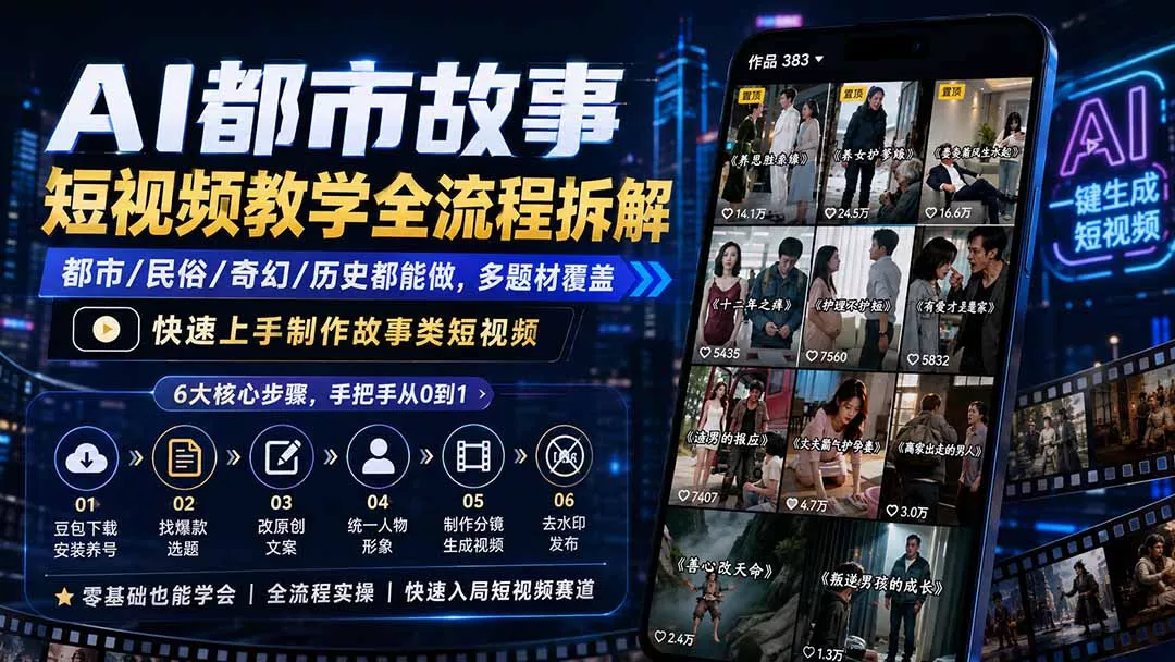 5a793280254f8a397753af2ccfcd9307.webp AI都市故事短视频教学全流程拆解;都市/民俗/奇幻/历史都能做多题材覆盖,快速上手制作故事类短视频
