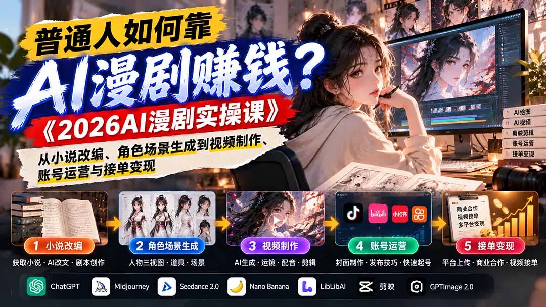 5a89c586143b43e0218efaa424f96a46.webp 普通人如何靠AI漫剧赚钱?《2026AI漫剧实操课》从小说改编、角色场景生成到视频制作、账号运营与接单变现