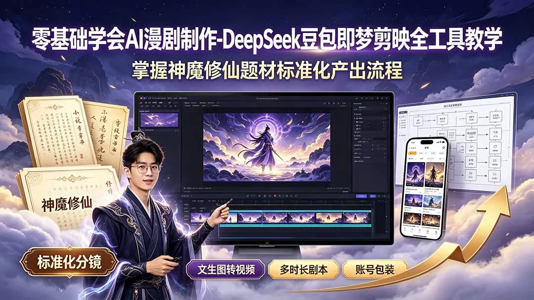 5aa1814ae62d2a38833030d5e6a2f50e.webp 零基础学会AI漫剧制作-DeepSeek豆包即梦剪映全工具教学,掌握神魔修仙题材标准化产出流程